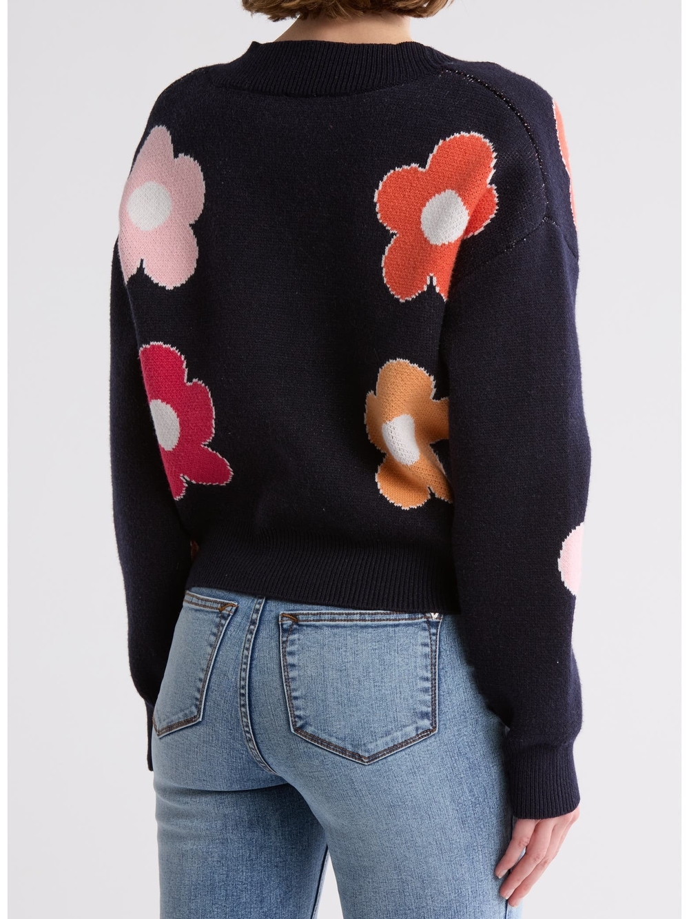 Industry Womens Black Pink Floral V-Neck Daisy Button Cardigan Sweater Small - Picture 2 of 10